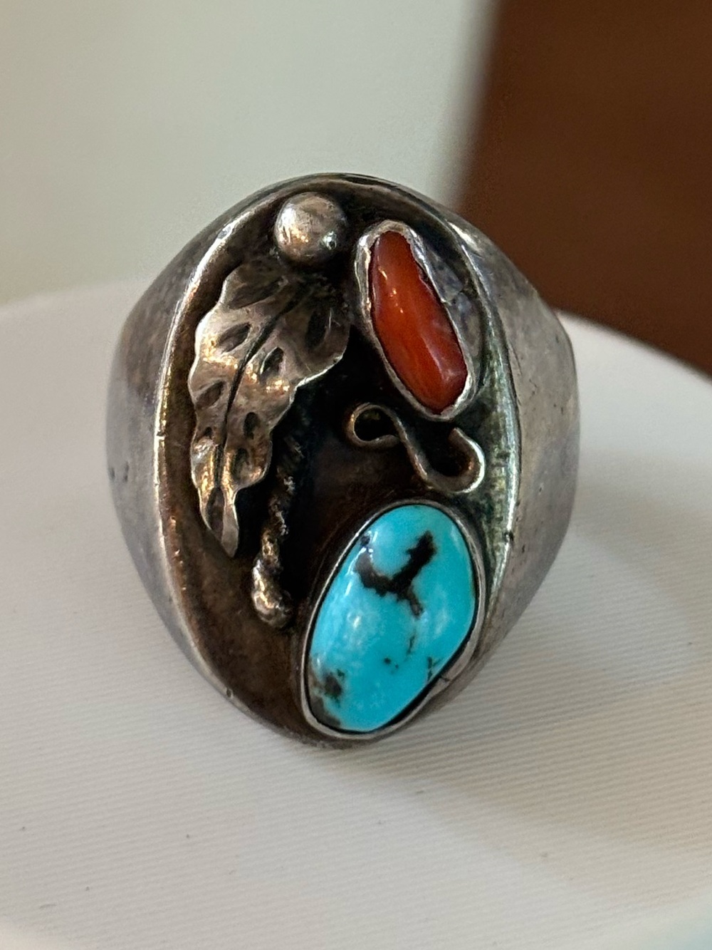 Vintage Sterling Silver Turquoise Coral Ring 10 Southwestern Native Old Pawn 21g - Picture 5 of 10